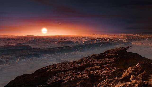 Ilustración de la superficie del planeta Próxima b con la estrella Próxima Centauri al fondo, donde también se observa la estrella doble Alfa Centauri.|ESO/M. Kornmesser